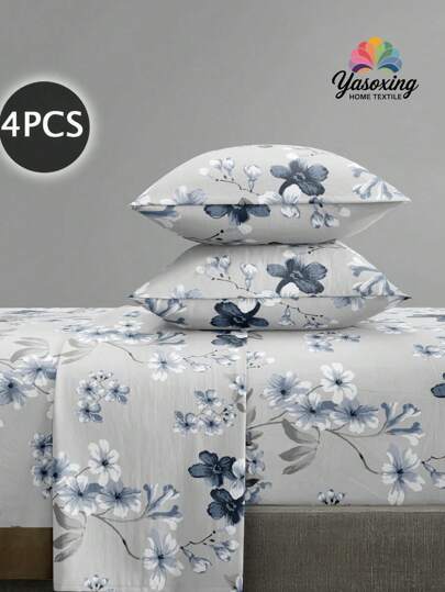 4Pcs Gray Vintage Garden Flower Pattern Sheet Set Bedding Set, 1pc Fitted Sheet & 1pc Flat Sheet& 2pcs Pillowcase Bedding Mattress Protector Set (Not Including Pillow Core)Luxury Fitted Sheet Set King Queen Full TWIN SIZE Sheet Deep Pocket Up To 11.8 Inch Pillowcase, Soft Breathable Wrinkle-Free Better For Sleep, Luxury Hotel Style, Gift For Mom Dad Friend Farmhouse Bedding Sets