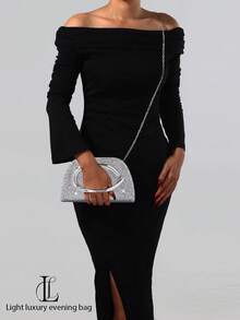 1pc Women's Fashionable Retro Metal Handle Evening Clutch Bag, Luxury Elegant Sparkling Rhinestone Sequin Decor, Metal Details Box-Shaped Bag With Detachable Metal Chain Strap, Suitable For Wedding, Party, Prom, Nightclub, Formal Occasions, Dress Up, Wallet, Evening Bag - Silver - View 3