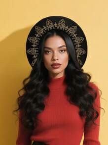 BREITER 1 件女式 Y2K 复古哥特式女巫帽,黑色印花涤纶毡帽,带有精致五角星和蕾丝花边,适合万圣节、圣诞节、化妆舞会、节日礼物 - 平簷禮帽 - 查看 22