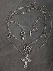 Bộ 3 dây chuyền thánh giá nhện đính đá phong cách Gothic cổ điển, dây chuyền dày hình năm cánh Punk Rock dành cho nữ - Bạc - Xem 3