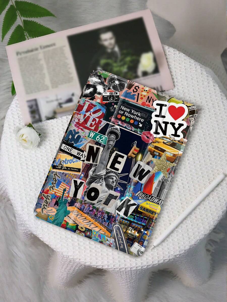 我爱纽约拼贴图案平板电脑保护套，兼容 iPad 9.7/10.2/10.5/10.9/12.9/Pro 11，第 10 代，兼容三星 Galaxy Tab S6 Lite 10.4 英寸，兼容 Kindle Paperwhite 第 12 代 2024、Kindle（第 11 代）2022 版，软防摔保护，智能支架/自动唤醒/睡眠