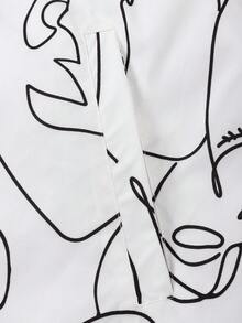 Men's Fashion Abstract Face Minimalist Black & White Line Print Jacket Casual Zipper Streetwear Style - White - View 6