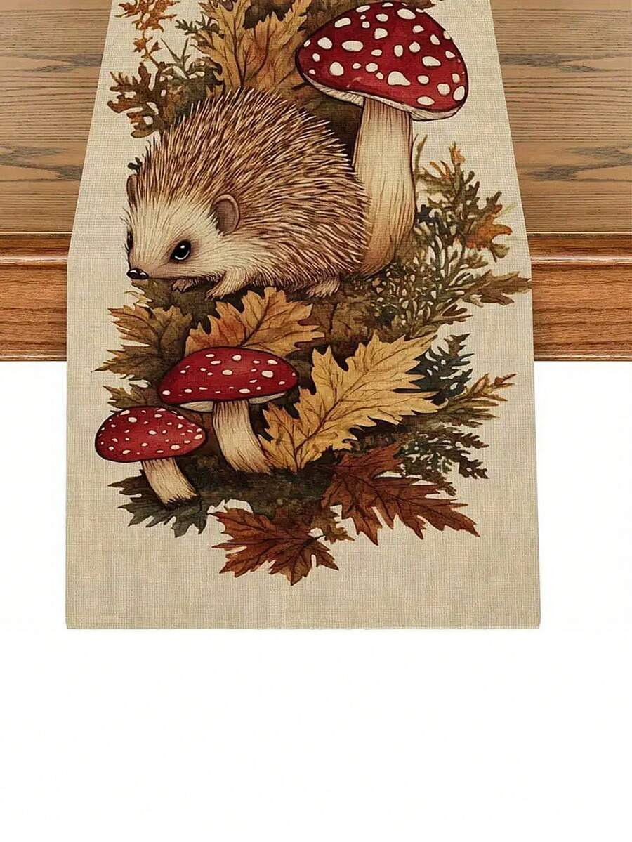 1 件秋季温暖刺猬蘑菇桌旗 - 线条面料，质朴自然风格的家居装饰，带有秋叶设计，非常适合餐桌、咖啡桌和电视柜，增强自然氛围，桌面装饰（13x35.4/47.2/63/72/78.7 英寸） - 彩色 - 查看 1