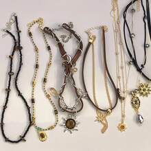复古皮革棕色宝石太阳吊坠串珠颈链锁骨链项链女士独特 Y2K 个性化垃圾摇滚珠宝 - 彩色 - 查看 1