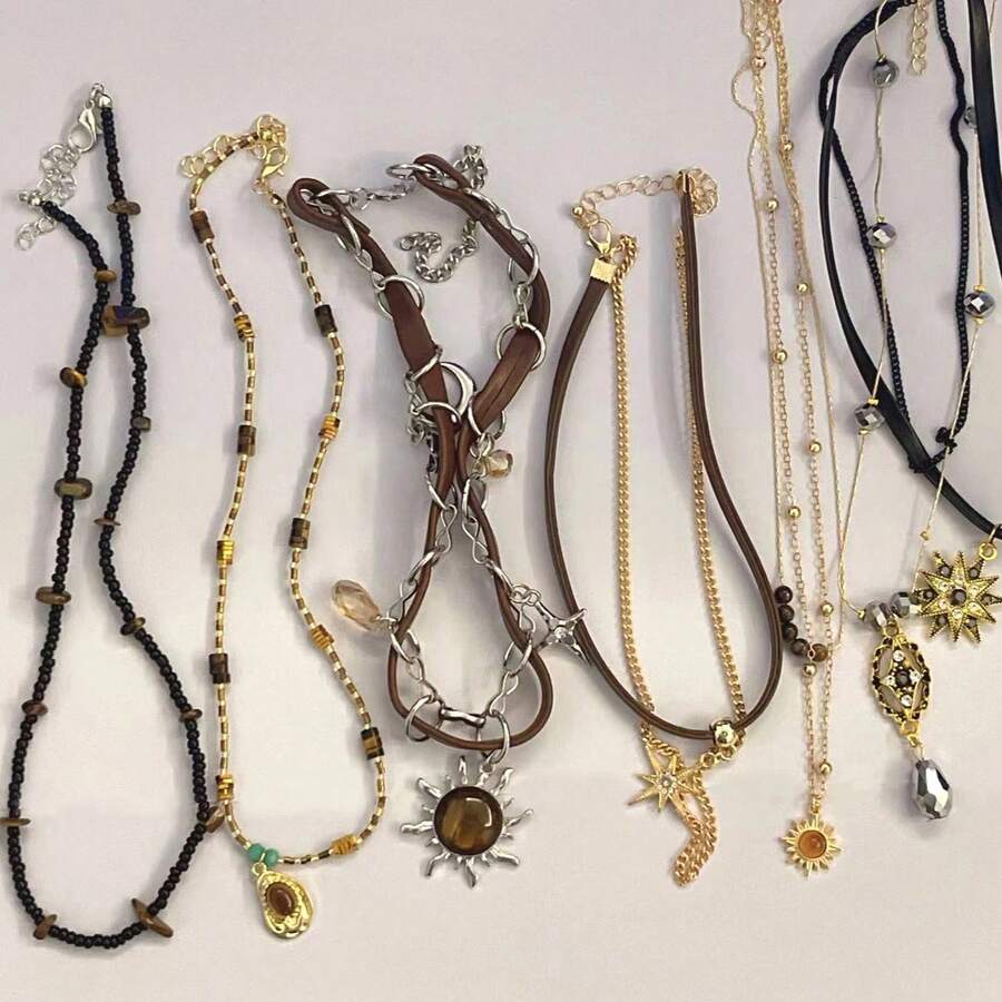 复古皮革棕色宝石太阳吊坠串珠颈链锁骨链项链女士独特 Y2K 个性化垃圾摇滚珠宝 - 彩色 - 查看 1