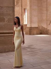 Basrey New Fashionable And Elegant Women's Solid Color Faux Pearl V-Neck Hanging Neck Suspender High Waist Backless Evening Dress - Light Yellow - View 9