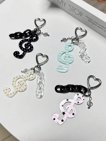 1pc Women's New Korean Retro Polka Dot Stripe Music Note Acrylic Keychain Accessory, Creative Vintage Cute Party Decorative Bag Charm