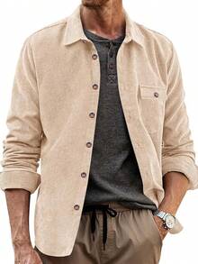 Mens Corduroy Button Down Jacket Casual Long Sleeve Shirts Ribbed Lightweight Shacket Jacket With Flap Pockethalloween - Khaki - View 1
