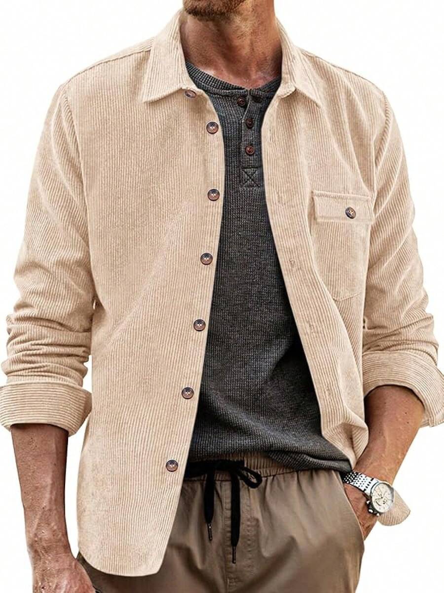 Mens Corduroy Button Down Jacket Casual Long Sleeve Shirts Ribbed Lightweight Shacket Jacket With Flap Pockethalloween - Khaki - View 1