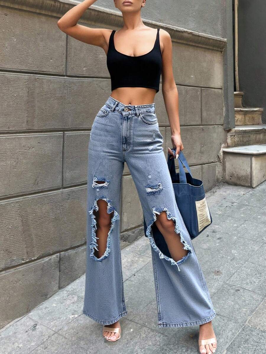 Women High Waist Knee Laser Ripped Wide Leg Jeans Pants, Solid Color Pockets With Zipper - Light Wash - View 1