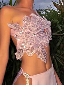 Women's 3D Flower Gorgeous Sequin Decor One Shoulder Sleeveless Bandeau Top Slim Fit Going Out Party Camisole - 粉色 - 查看 4