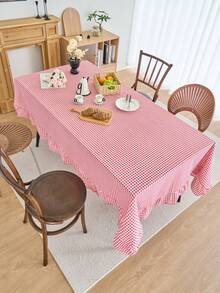 1pc Red Plaid Round Tablecloth, American Vintage Style With Ruffled Edge, Kitchen & Living Room Decor, Valentine's Day Dining Table Cloth - Multicolor - View 8