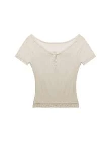 女士蕾絲拼接短袖2合1上衣，修身版型，白色內搭作內衣，時尚潮流 - 杏色 - 查看 7