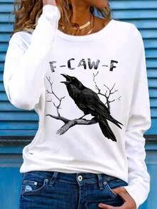 女式大码休闲圆领长袖 T 恤，F-CAW-F 乌鸦图案 T 恤，万圣节服装，秋季女装