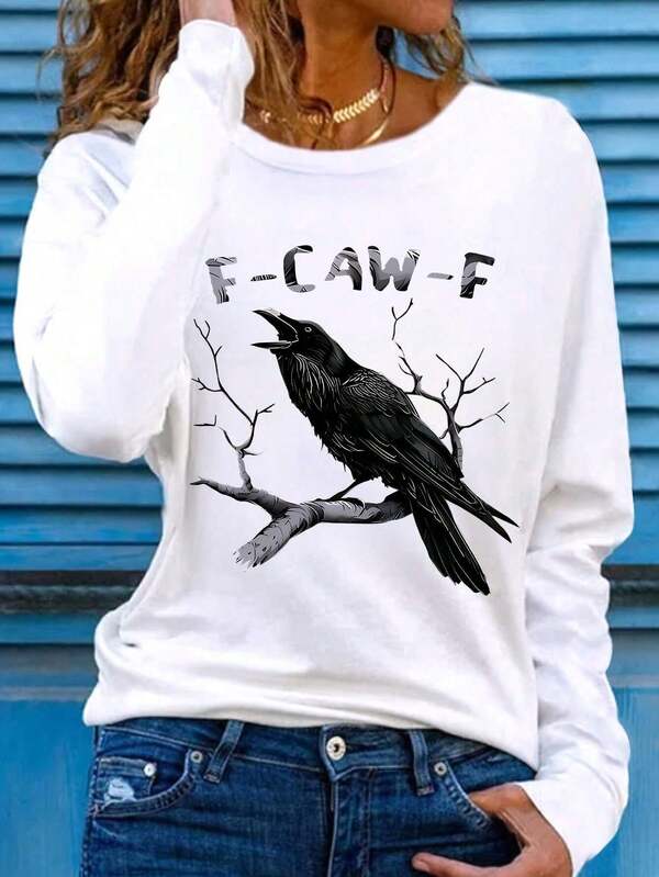 Camiseta de manga larga con cuello redondo de talla grande para mujer, Camiseta gráfica con diseño de cuervo F-CAW-F, Ropa de Halloween, Ropa de mujer para otoño