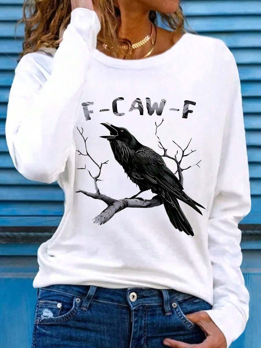 女式大码休闲圆领长袖 T 恤，F-CAW-F 乌鸦图案 T 恤，万圣节服装，秋季女装