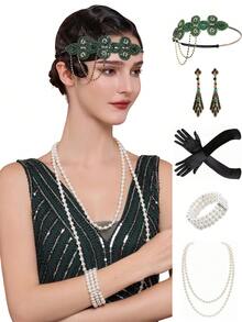 5 قطع مجموعة إكسسوارات غاتسبي من عام 1920 للنساء، شريط رأس فلابر، قلادة، قفازات، سوار، للاستخدام في مناسبات هالوين
