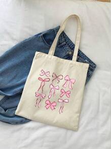 1pc Nine Pink Bow Pattern Women'S Handbags, Reusable Shopping Bags, Foldable Large Capacity Casual Shopping Bags, Simple Bohemian Handbags, Suitable For Work, Travel, Shopping, School Bags, Large Capacity, Portable, Christmas Gift, Cute Bow Bag For Women