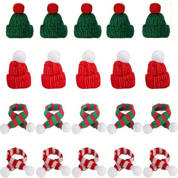 Conjunto de 20 mini chapéus e cachecóis de Natal | Decorações vermelhas e verdes para artesanato, enfeites de árvore e bonecos de neve