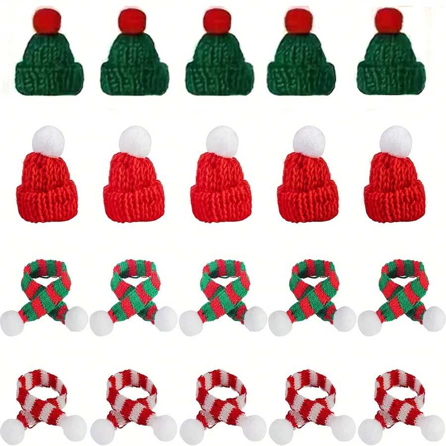 20 pezzi Mini cappelli e sciarpe di Natale | Decorazioni rosse e verdi per artigianato fai-da-te, ornamenti per alberi e decorazioni pupazzo di neve