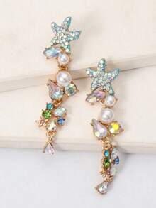 Juran 1pair Starfish Shaped Pearl & Rhinestone Earrings For Women Beach Jewellery - 彩色 - 查看 2