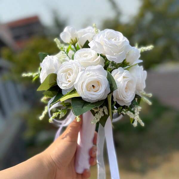 1pc Artificial Rose Bouquet With Handle, Suitable For Wedding Ceremony, Anniversary, Bridal Shower, Wedding Party Decor, Table Centerpiece