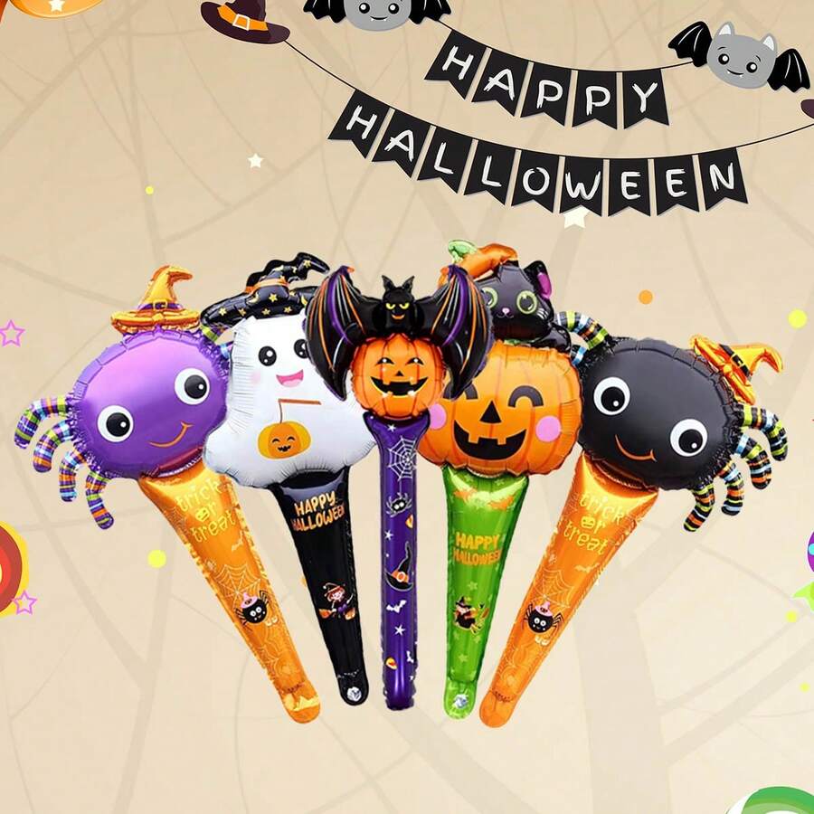 5/10pcs Halloween Theme Stick Balloons Bat Pumpkin Ghost Shape Hand A Stick Air Balloon Halloween Party Decoration - Multicolor - View 1