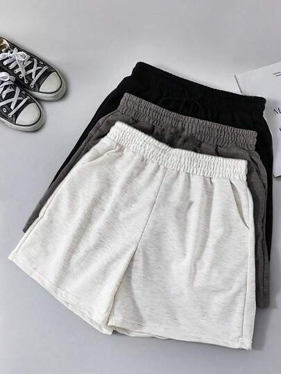3 piezas Pantalones cortos casuales de unicolor, pantalones cortos deportivos con cintura elástica con cordón,pantalones cortos boxer, pantalones cortos jogger, pantalones cortos de activewear para mujer con cordón,