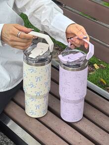 1pc 30oz Cute Bow Pattern Double Wall Stainless Steel Insulated Tumbler, Flat Bottom Cup, Coffee Cup, Car Cup, Water Bottle, Outdoor Mug, Tea Cup, Vacuum Flask, Designed With Straight Drinking Lid And Straw Lid, Suitable For Outdoor, Office, Home, School, Car, Gym, Travel, Birthday Gift, Holiday Gift, Mother's Day Gift, Father's Day Gift, Back To School, Valentine's Day Gift