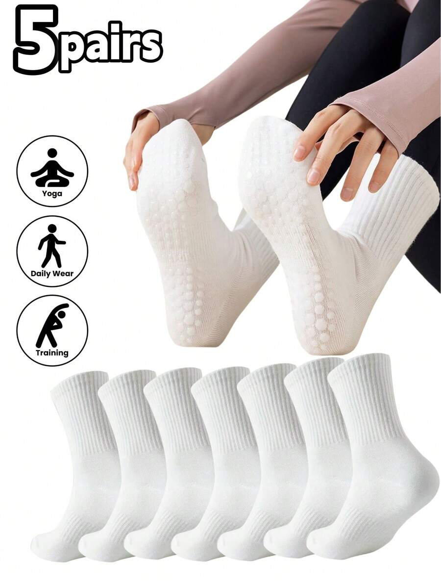 5 Pairs White Mid-Calf Yoga & Dance Socks, Non-Slip Cushioned Soles For Stability, Suitable For Pilates, Yoga, Ballet, Indoor Fitness, Fashionable With Leggings, Great Back-To-School Gift