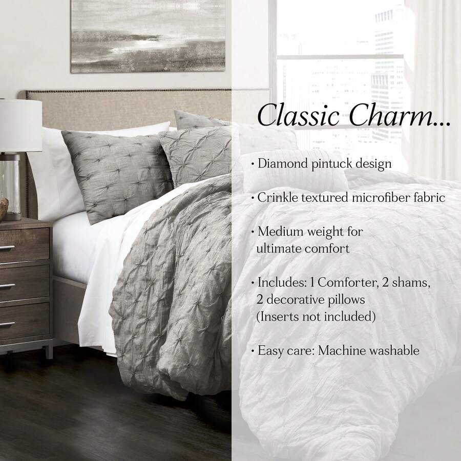 LUSH DECOR Ravello Pintuck Comforter Wheat 5Pc Set King Halloween-Fall Decor-Room Decor - Gray - 查看 1