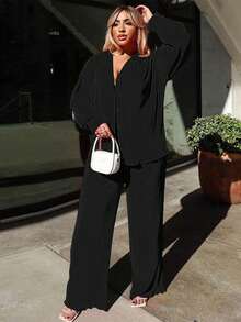 2pcs Women's Fashionable Pleated Shirt And Comfortable Wide-Leg Pants Set, Casual, Ladies Spring/Fall Casual Pocket, Zipper Long Sleeve Loose Blouse Pants Women Two-Piece Outfits, Casual Daily Wear - 黑色 - 查看 2