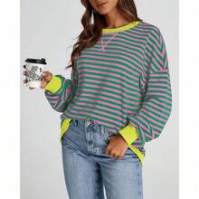 Womens Oversized Striped Sweatshirt Crewneck Long Sleeve Pullover Top Casual Y2K Spring Clothes 2026 Workout Shirt,Vacation Outfits Women,Valentine Outfits For Women,Street Photography - 粉紅綠色 - 查看 7