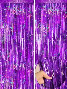 2 Stück Silber Folie Quasten Vorhänge, glänzender Metalldraht Hintergrund, geeignet für die Dekoration von Geburtstagen, Hochzeiten, Partys, Disco-Partys im Stil der 70er, 80er und 90er Jahre, Junggesellenabschiede und Regenbogenpartys (Lila), Weihnachtsdekoration für den Winter