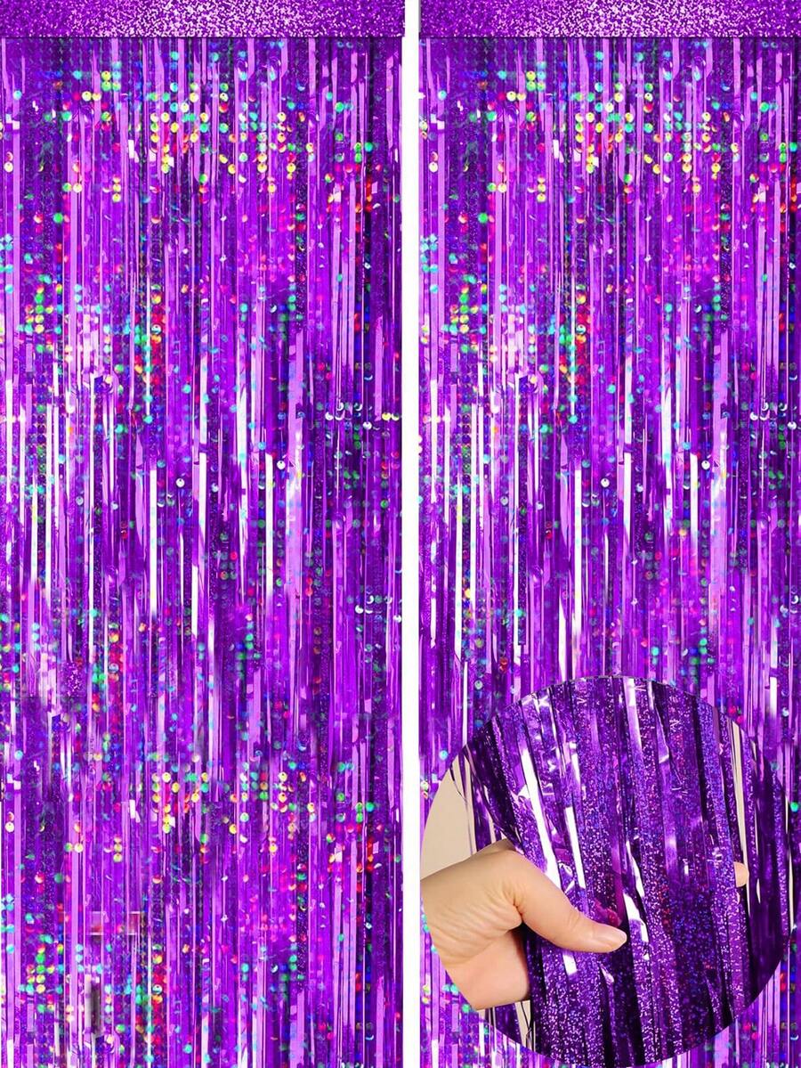 2 Stück Silber Folie Quasten Vorhänge, glänzender Metalldraht Hintergrund, geeignet für die Dekoration von Geburtstagen, Hochzeiten, Partys, Disco-Partys im Stil der 70er, 80er und 90er Jahre, Junggesellenabschiede und Regenbogenpartys (Lila), Weihnachtsdekoration für den Winter