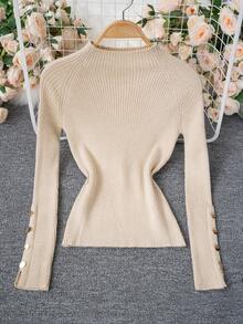 女式卡其色高领毛衣，针织套头衫，带金属纽扣装饰，温暖的分层毛衣，适合通勤和日常穿着，秋冬 - 卡其色 - 查看 9
