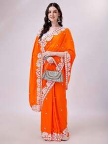 Women's Georgette Embroidery Border Work Designer Saree With Blouse Piece(Orange) - Orange - View 3