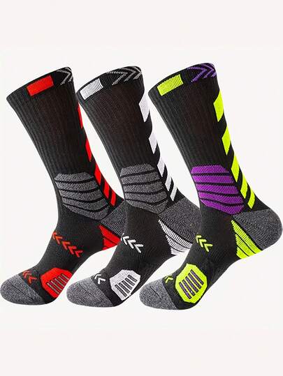 3 双男士运动篮球袜，加固脚趾和脚跟，彩色条纹设计，适合运动和日常穿着，可手洗，吸湿排汗面料，透气，适合户外跑步、徒步旅行、秋季