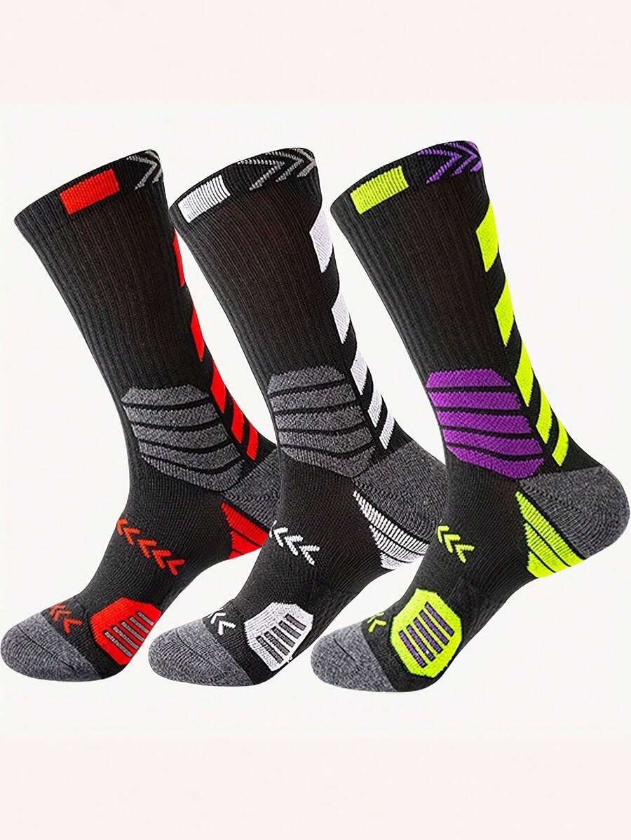 3 Pairs Men's Sports Basketball Socks, Reinforced Toe & Heel, Colorful Striped Design, Suitable For Sports And Daily Wear, Hand Washable, Moisture-Wicking Fabric, Breathable For Outdoor Running, Hiking, Fall