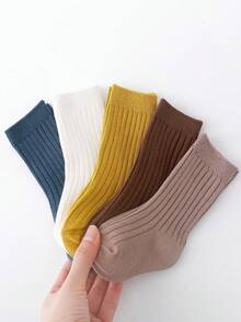 5 Paar Kinder Einfarbige Socken, geeignet für den täglichen Gebrauch, Frühling/Herbst