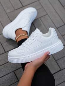 ​Women's White Stitch-Detail Comfort Sneakers - Gold Accent Urban Wear Shoes, Year-Round Everyday Lift With Secure Fit​ - 白色 - 查看 4