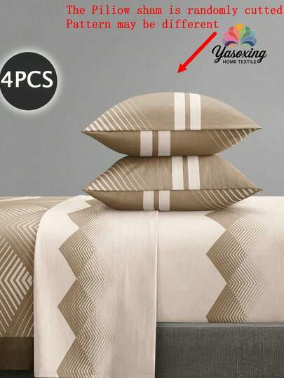 4pcs/Set Khaki Boho Geometric Stripes Pattern Sheet Set Easy Care Microfiber Soft Bedding Set Floral Fitted Sheet Set (1pc Flat Sheet+1pc Fitted Sheet+2pcs Pillowcases)Fitted Sheet Set King Queen Full TWIN SIZE Sheet Deep Pocket Up To 11.8 Inch Pillowcase, Soft Breathable Wrinkle-Free Better For Sleep, Luxury Hotel Style, Gift For Mom Dad Friend