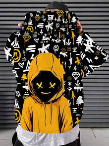 Men's Casual Hooded Sweatshirt With Cartoon Pattern, Fall
