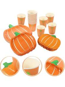 10/20 件万圣节南瓜纸盘和杯子餐具，南瓜盘杯餐巾适用于万圣节派对感恩节和家庭聚会 - 橘色 - 查看 7