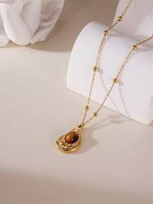 1pc 18K Stainless Steel Asymmetrical Tiger Eye Stone Pendant Necklace, Suitable As Mother's Day Gift - Water Drop - View 2