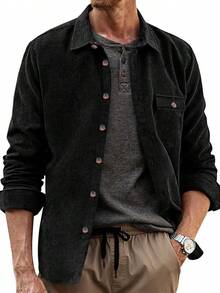 Mens Corduroy Button Down Jacket Casual Long Sleeve Shirts Ribbed Lightweight Shacket Jacket With Flap Pockethalloween - Black - View 1