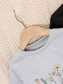 3 件套女童花卉印花圆领长袖 T 恤，儿童休闲上衣，多色，春秋 - 淺灰紫 - 查看 5