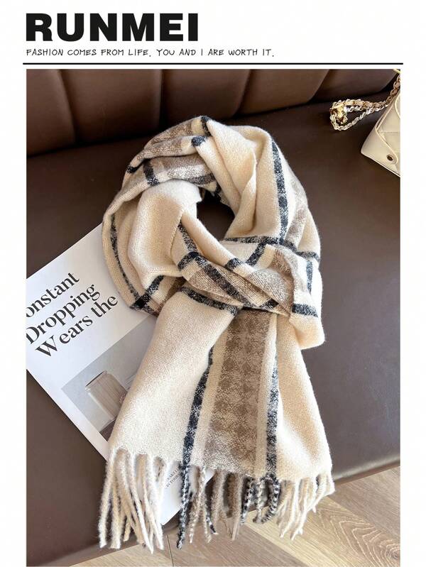 1pc Warm Winter Elastic Knit Women's Fashion Scarf, Polyester Geometric Polka Dot Shawl, Beige White, Hand Wash Or Dry Clean, Casual Evening Date, Decorative, Windproofscarfs