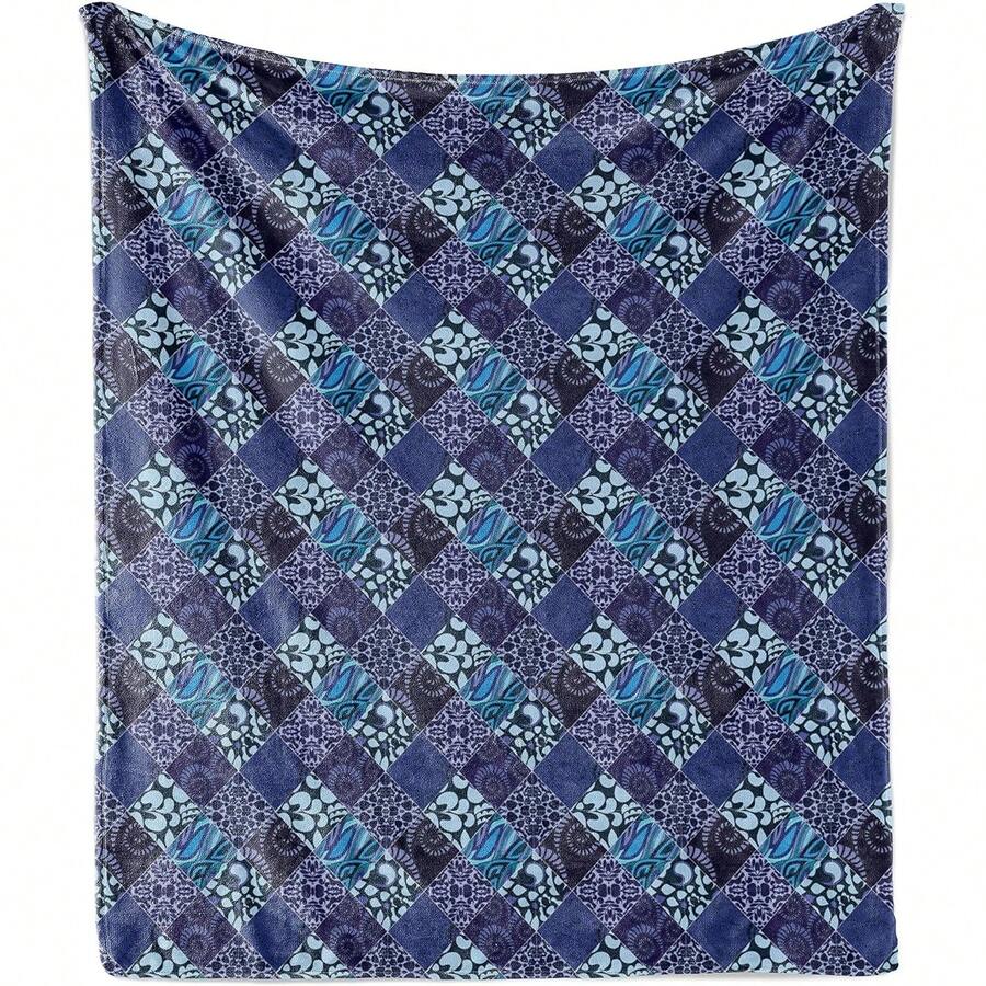 Ambesonne Checkered Throw Blanket, Patchwork Style Damask Motifs In Geometric Violet Tones Floral Swirls Scrolls, Flannel Fleece Accent Piece Soft Couch Cover For Adults, 70 X 90, Multicolor - Black - View 1