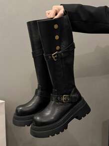 西部风格搭扣假日复古英伦厚跟高筒女靴，2025秋冬新款，修身骑马靴，派对靴 - 黑色 - 查看 3